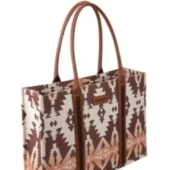 Wrangler Handbags - Wrangler Southwestern Pattern Dual Sided Print Canvas Wide Tote Light Coffee